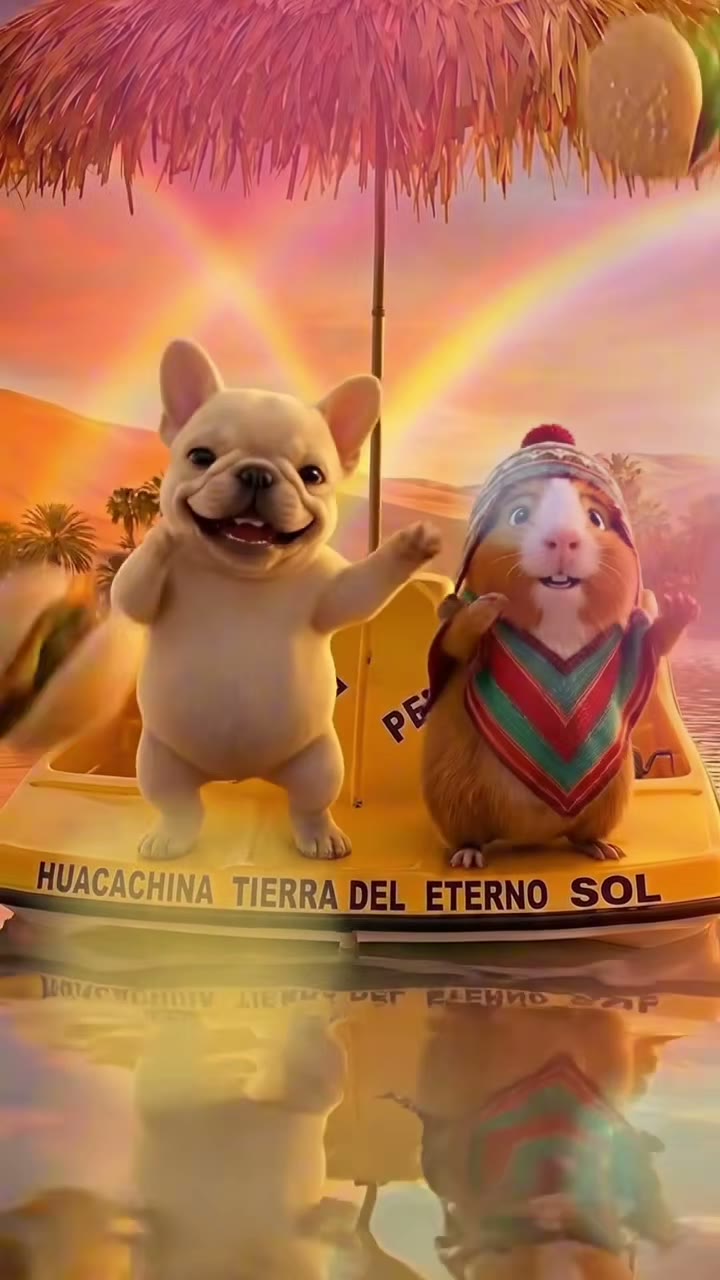 Un bulldog francés y un cuy con chullo en la laguna de Huacachina