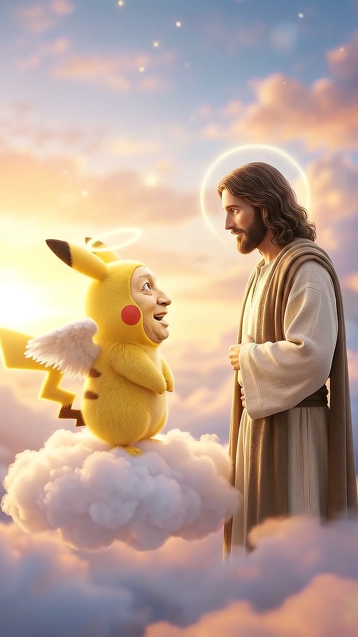 Un Pikachu con alas y aureola entre nubes